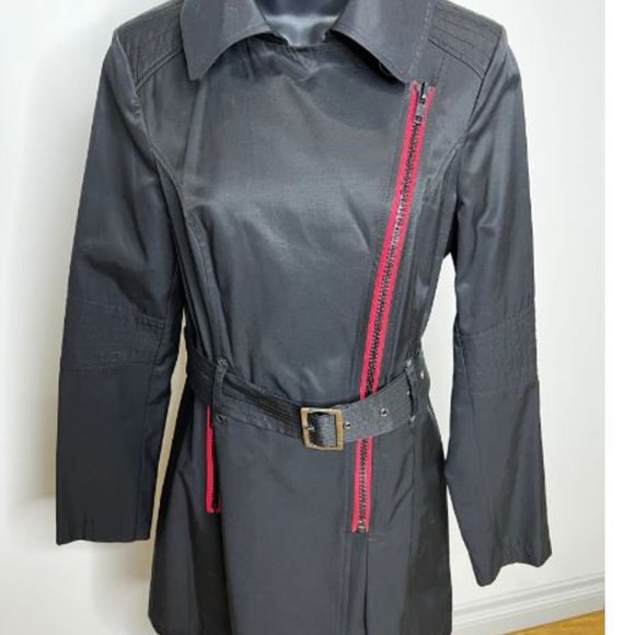 Black Rivet Womens Front Zip Trench Coat Belted Waist Long Sleeve Size M Black - Picture 3 of 5